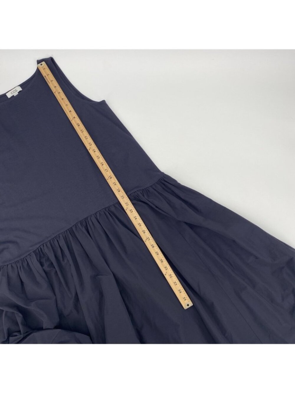 COS Size L Navy Blue Midi Dress Sleeveless Contrast Gathered Tiered Minimalist - Picture 5 of 16